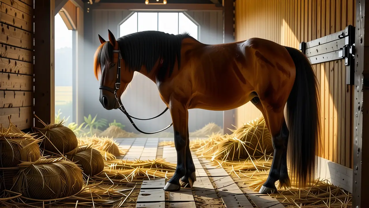 Un caballo castaño contempla la luz dorada