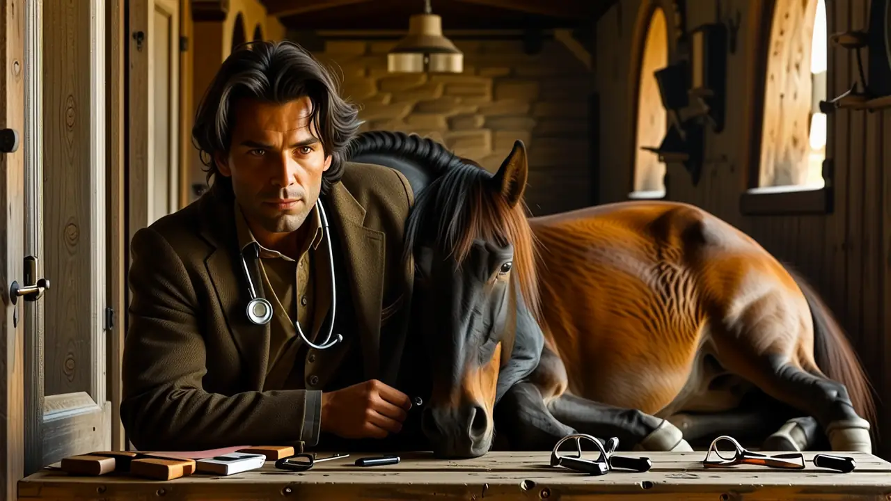 Un veterinario español preocupado examina un caballo