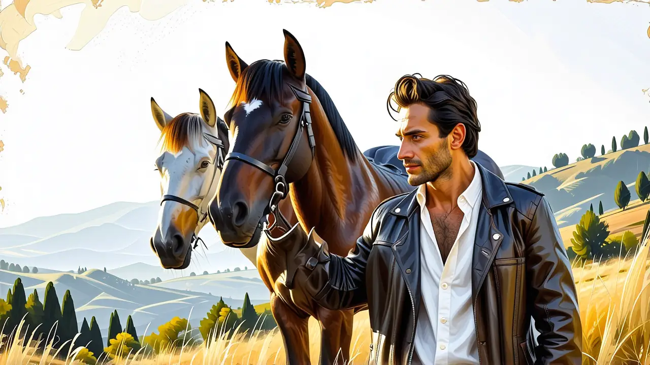 Un hombre pensativo observa caballos en Toscana
