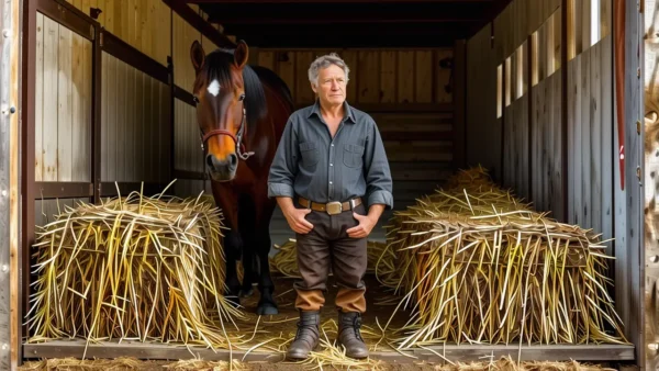 Un hombre pensativo observa su caballo