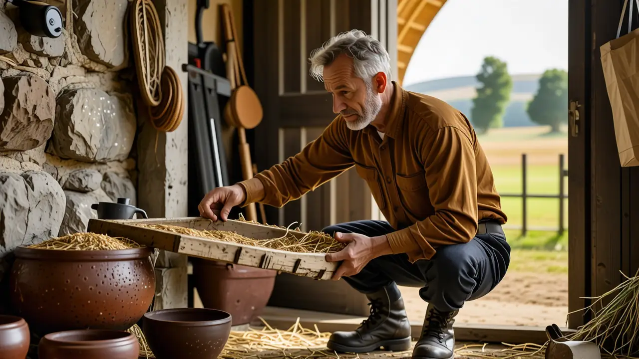 Un hombre español examina pacíficamente su caballo