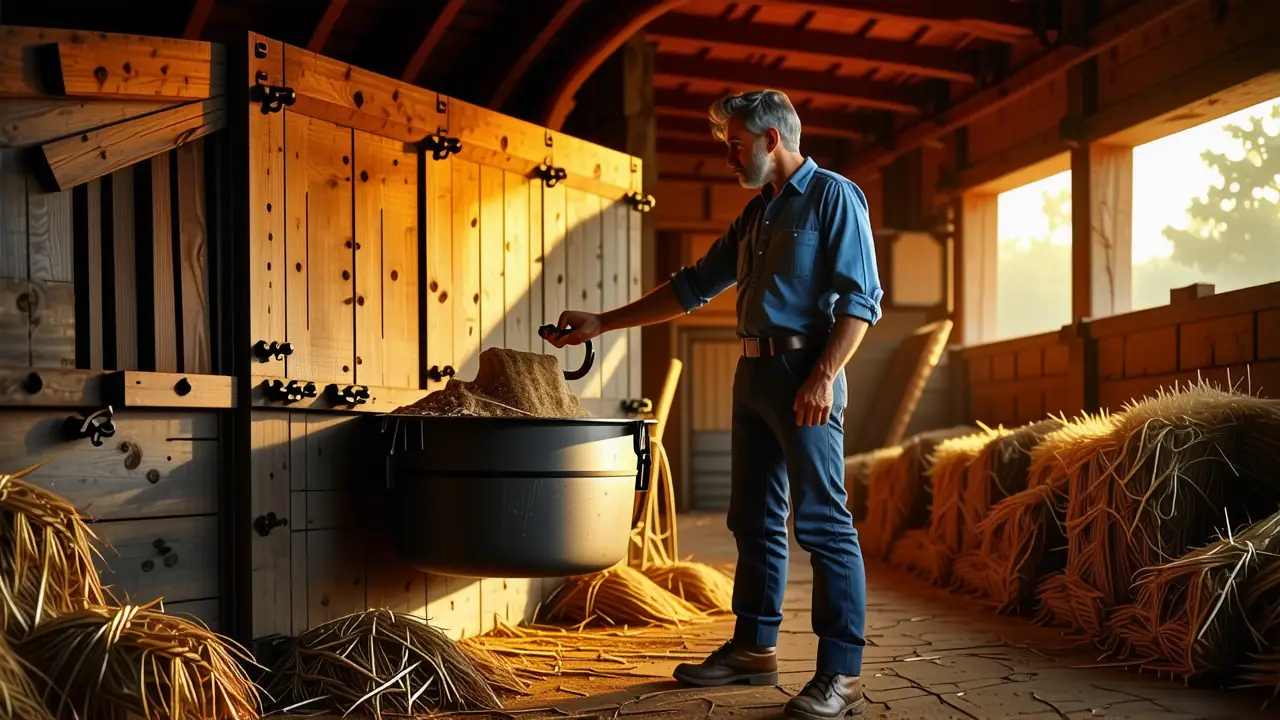 Un hombre pensativo alimenta caballos en establo