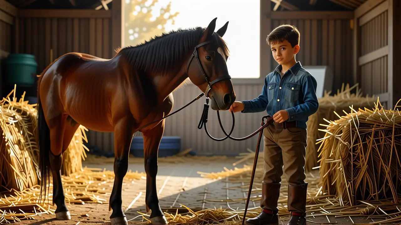 Un niño español sonríe junto a su pony