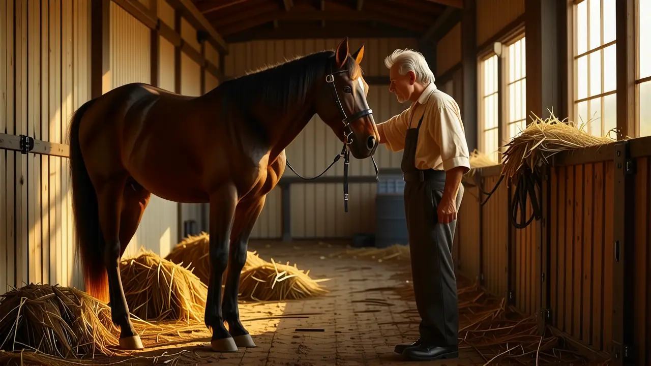 Un hombre pensativo cuida el caballo
