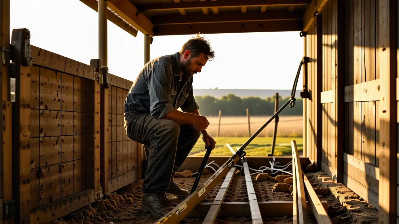 Un hombre español ayuda a construir establo
