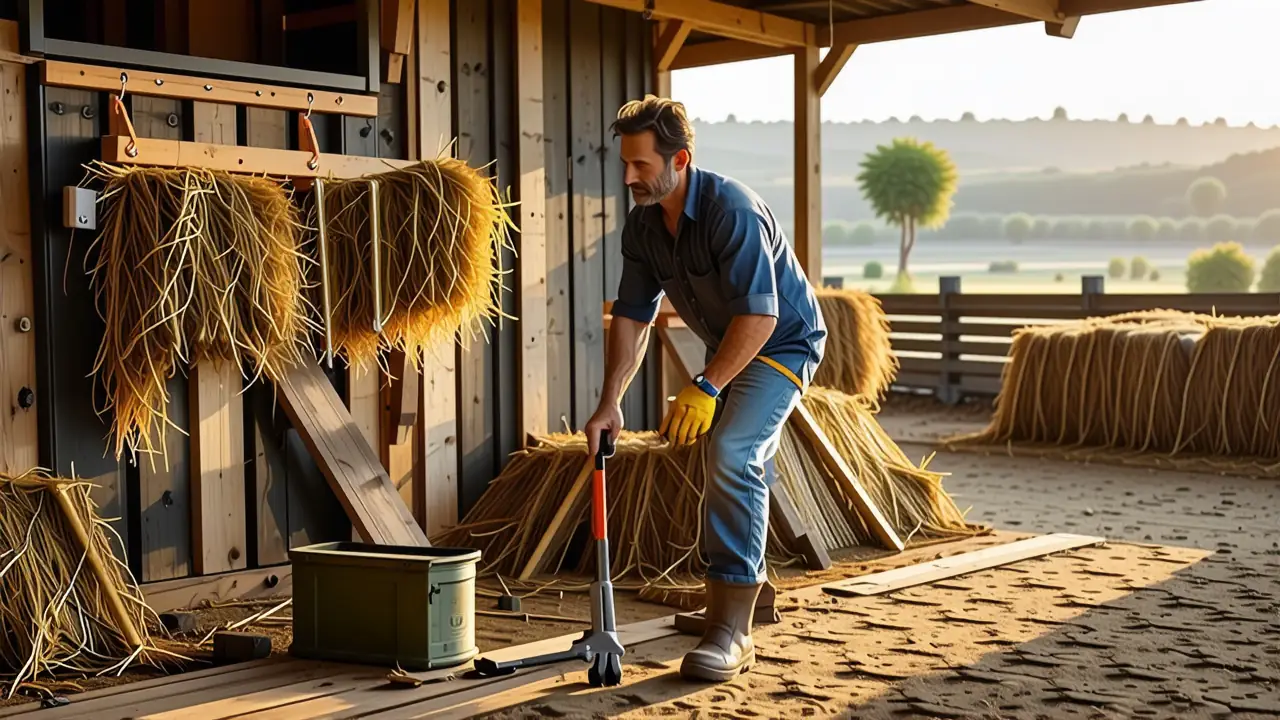 Un hombre español ayuda a construir establo