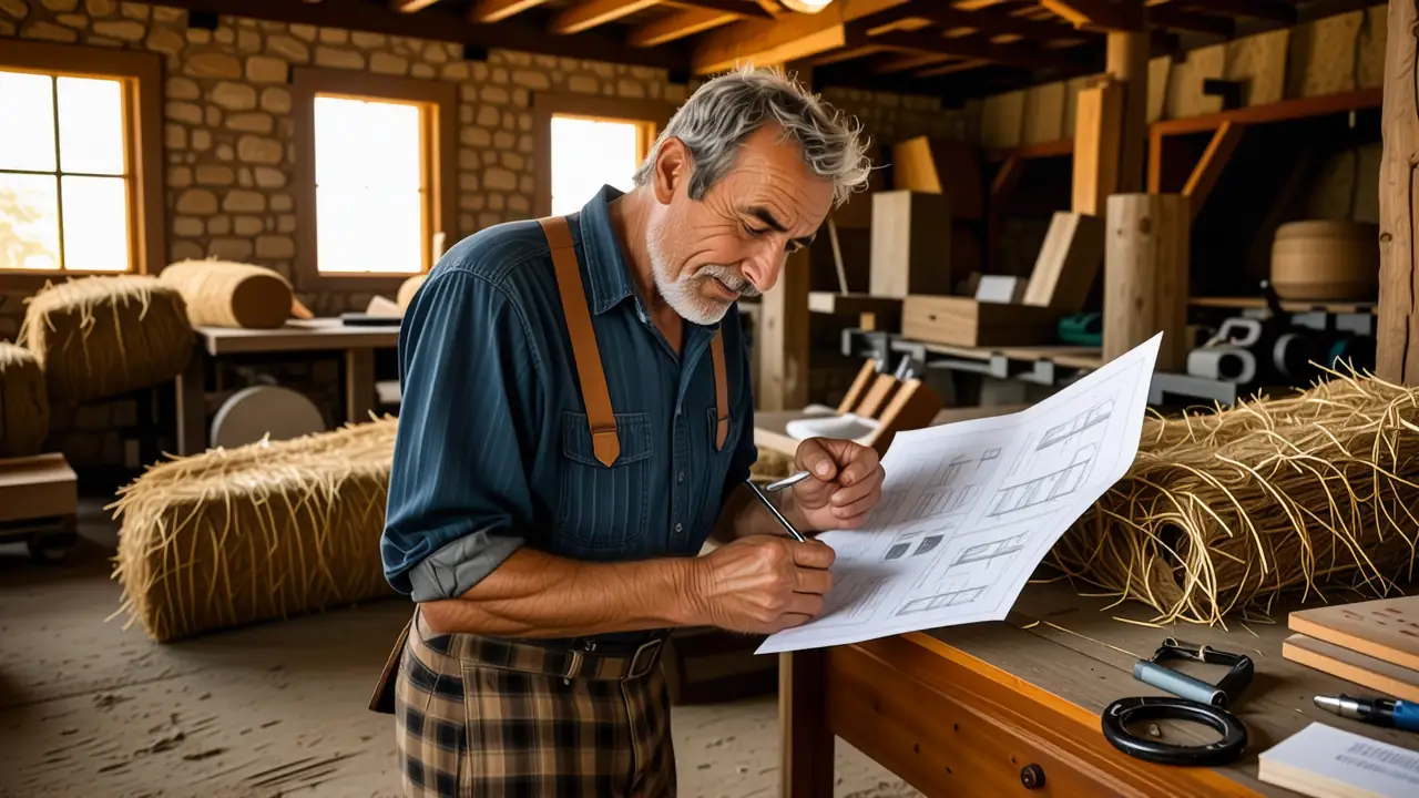 Un hombre pensativo examina planos rurales