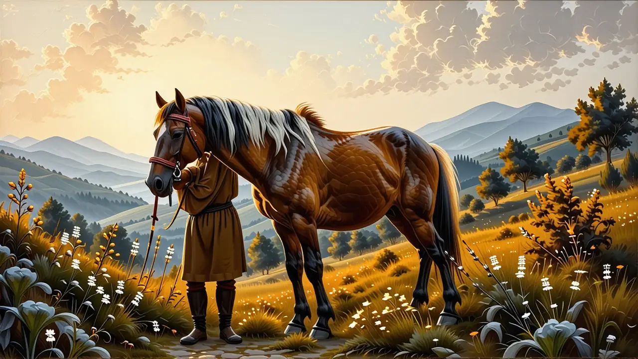 Un hombre español pensativo junto a su caballo