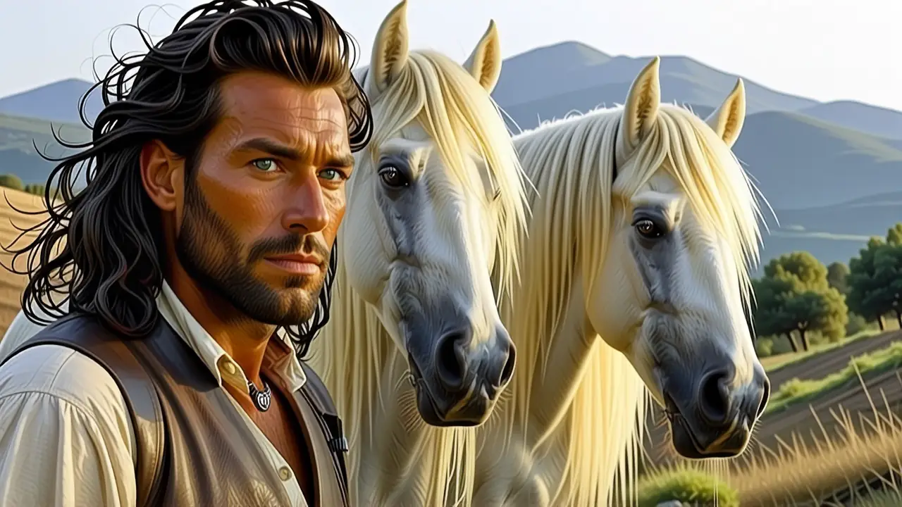 Un hombre español contempla caballos en España