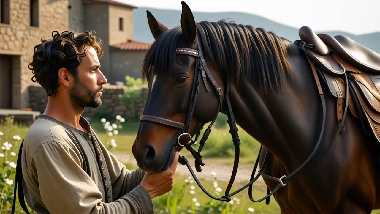Un hombre español contempla su caballo en la tarde dorada
