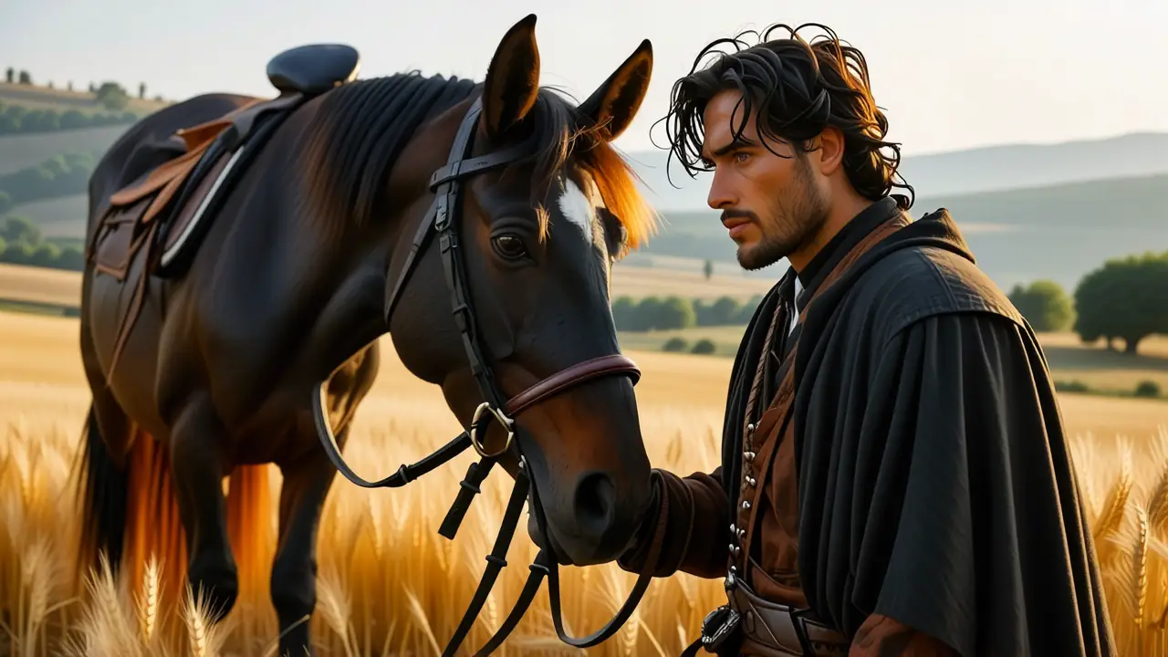 Un hombre español toca un caballo sereno