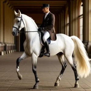 Rodeador elegante monta caballo en arena dorada