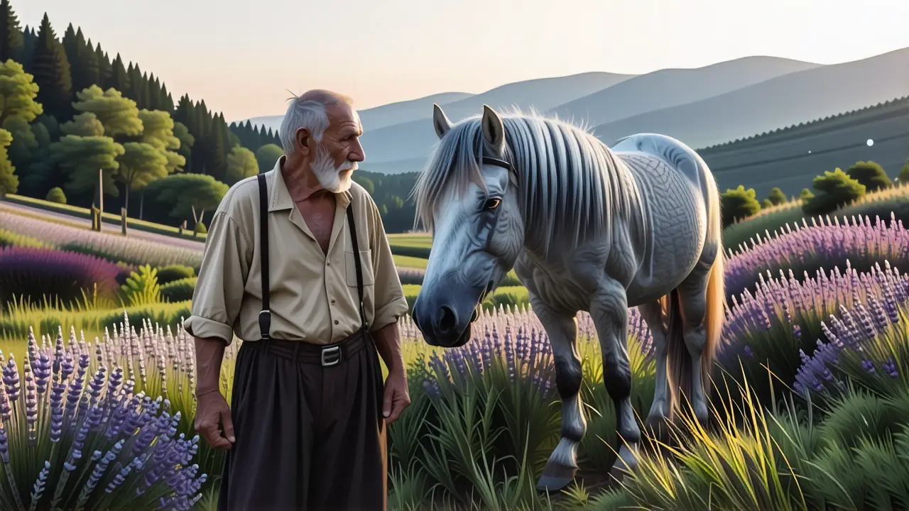 Un granjero pensativo observa la campiña crepuscular