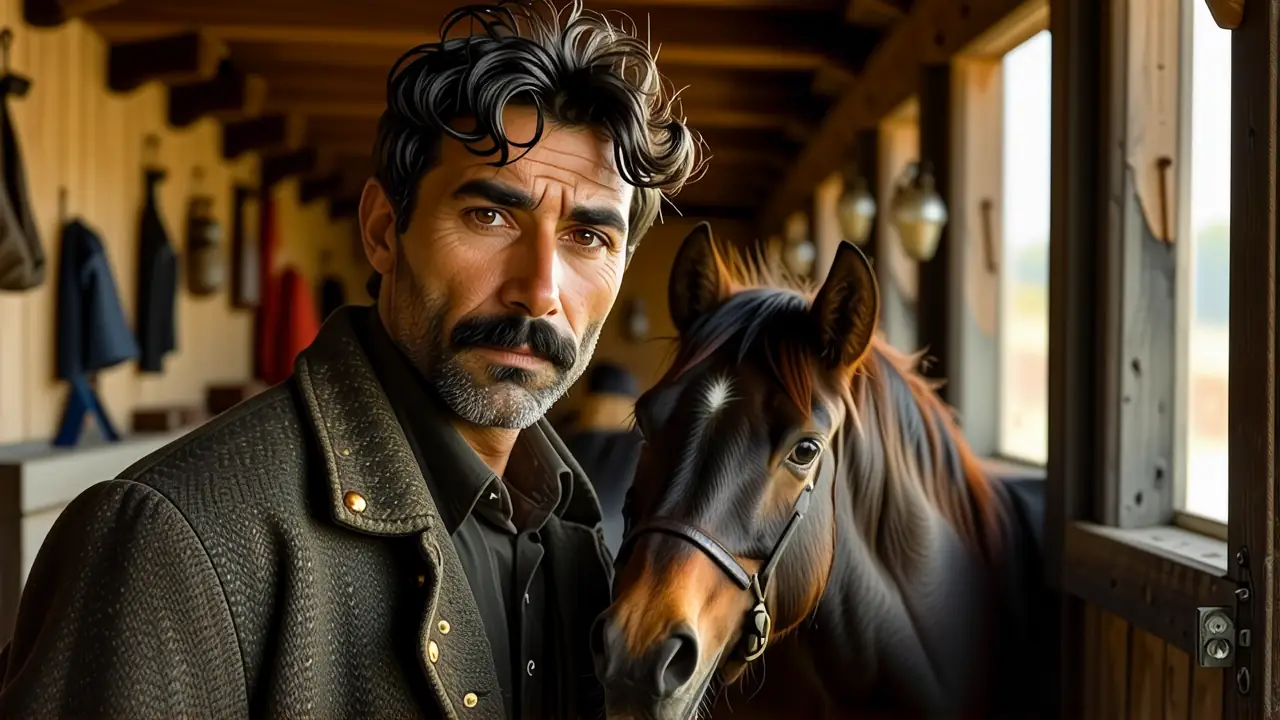 Un hombre español realista observa su yegua