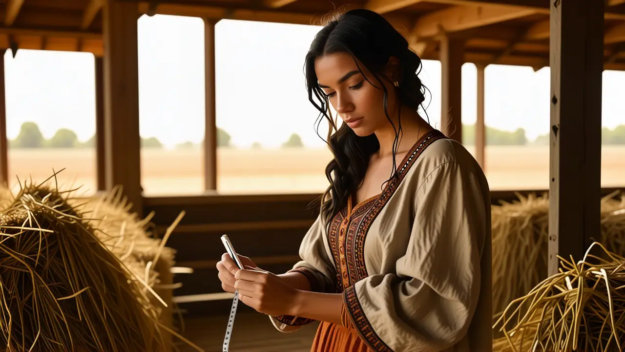 Una mujer mide un caballo en establo