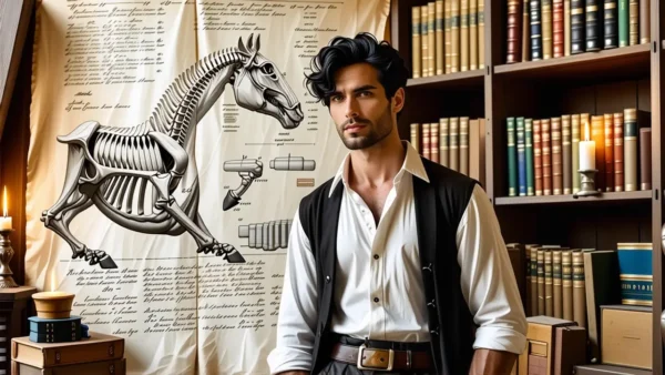 Un hombre pensativo estudia anatomía en sombras