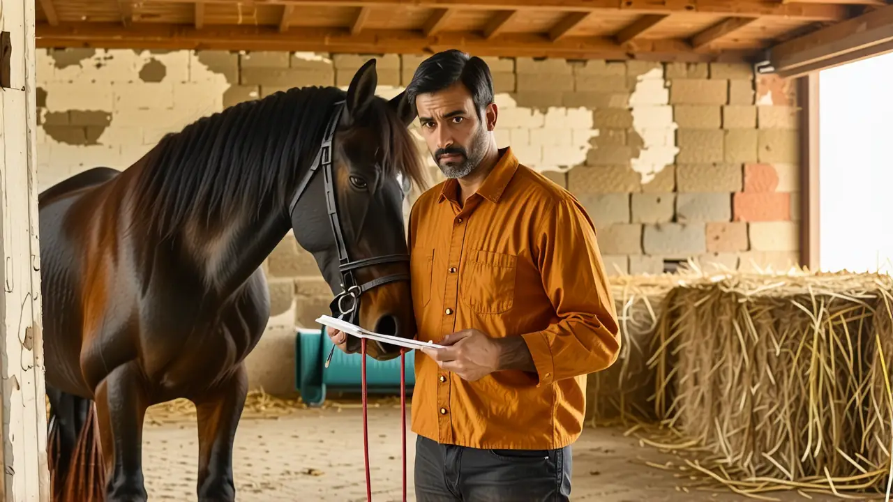 Un hombre serio mide un caballo en establo