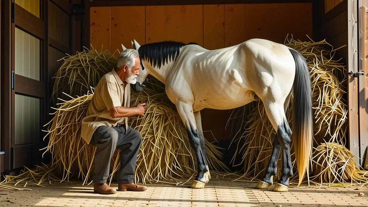 Un hombre pensativo observa su caballo