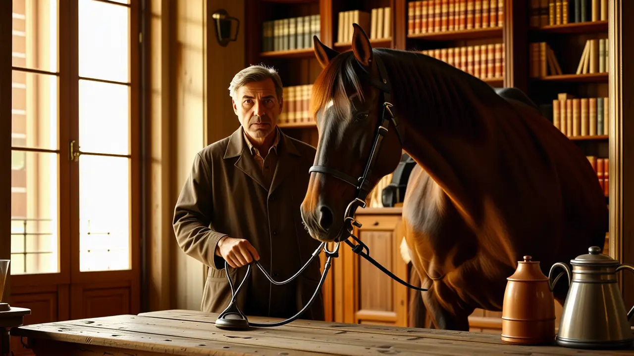 Un veterinario español observa a su caballo