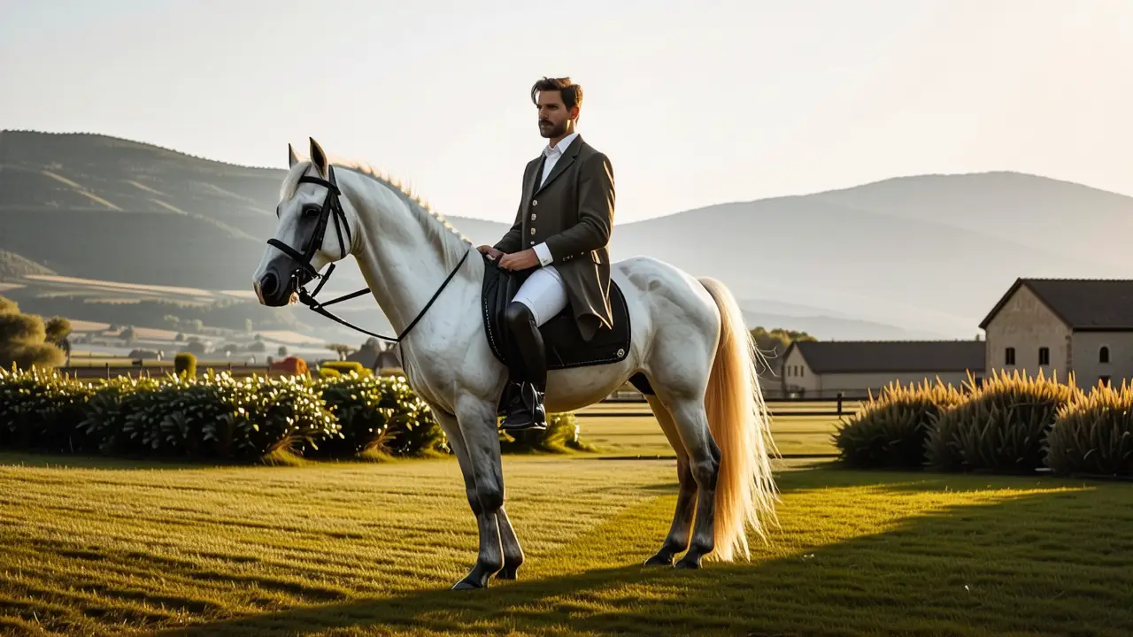 Un hombre elegante monta su caballo en paz