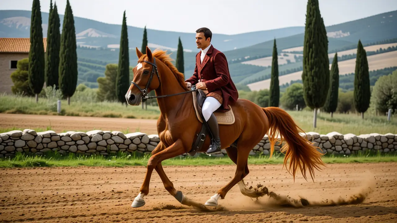 Un jinete español galopa en la tarde