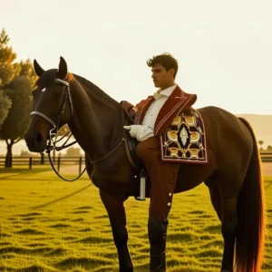 Un jinete español elegante monta su caballo