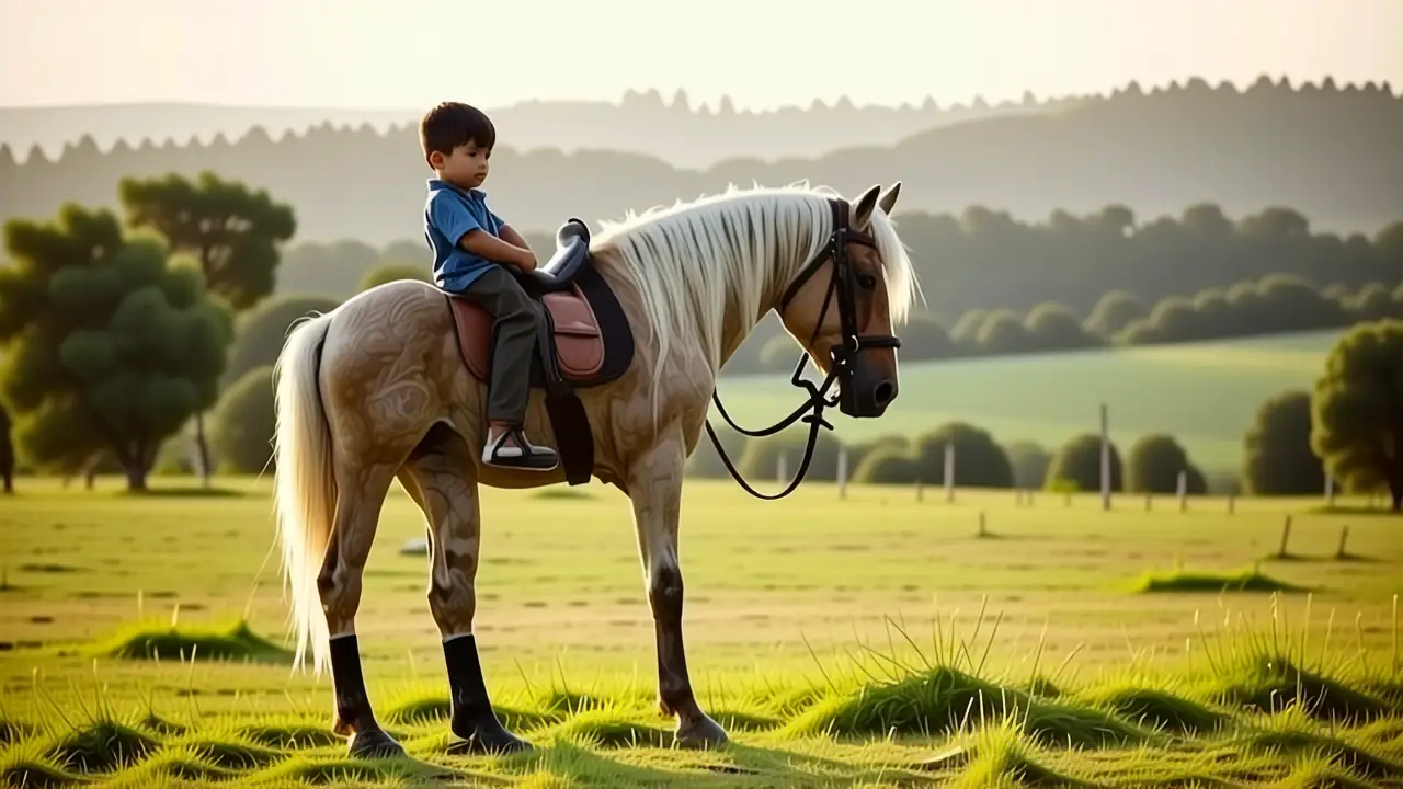 Un niño español observa su caballo