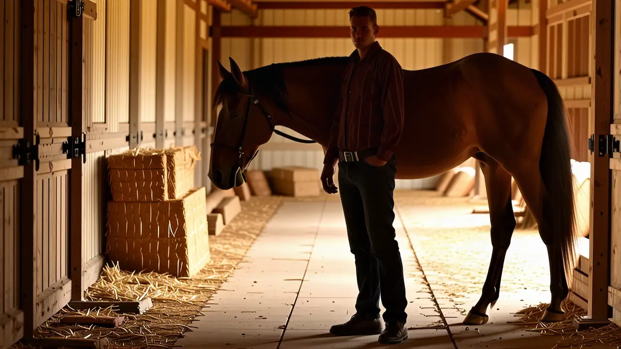 Un hombre serio observa un caballo