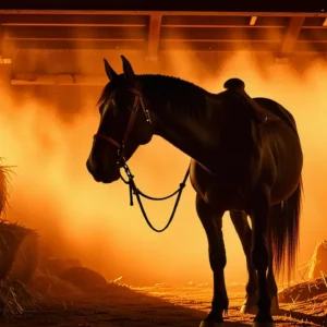 Un hombre serio monta su caballo en un establo dorado