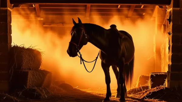 Un hombre serio monta su caballo en un establo dorado