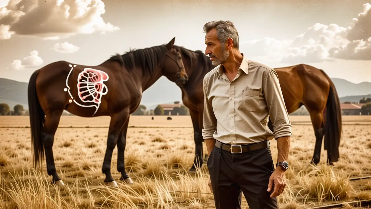 Un hombre estudia el sistema digestivo equino
