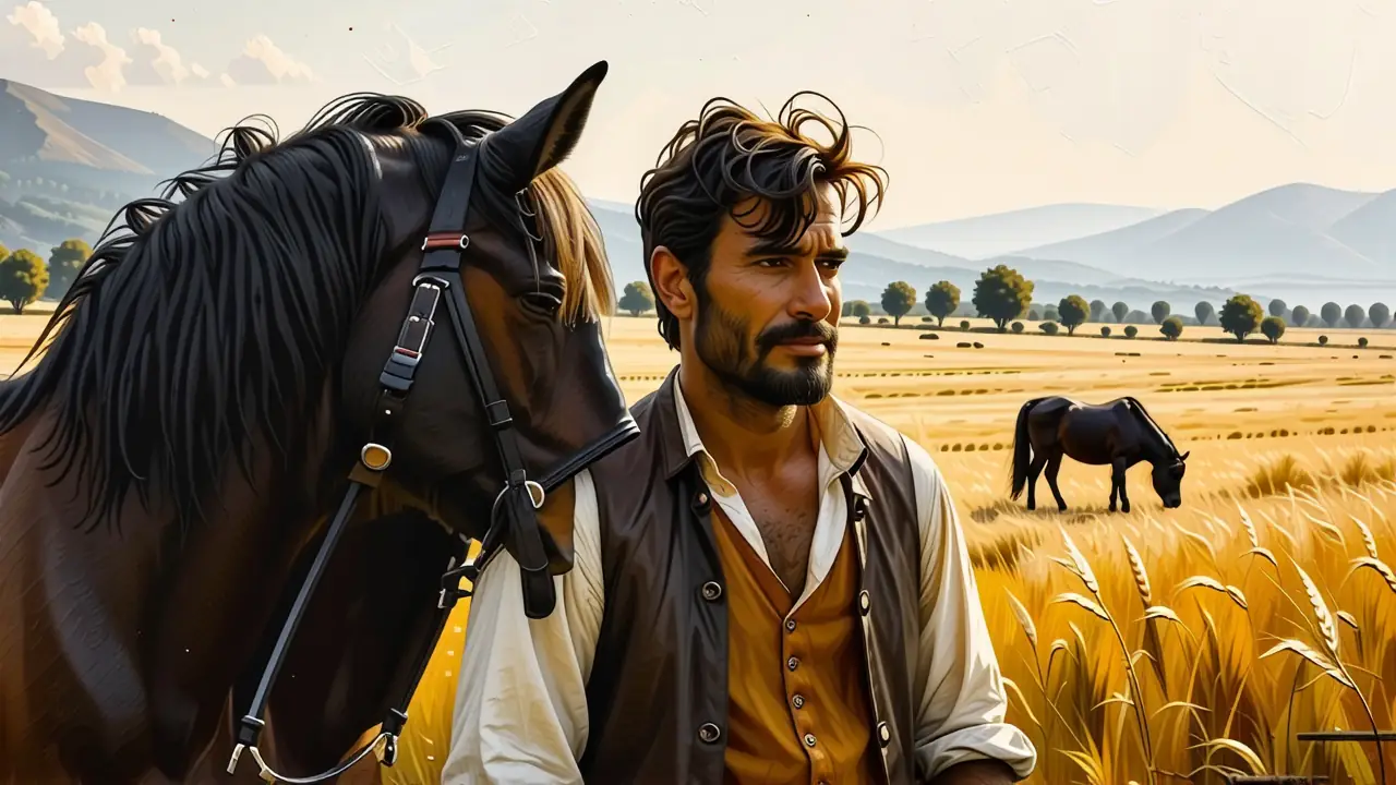 Un hombre pensativo observa su caballo