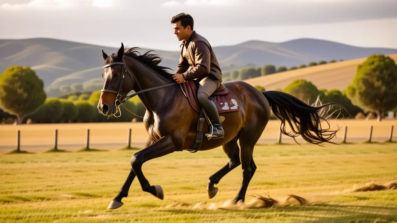 Un jinete español galopa en la luz dorada