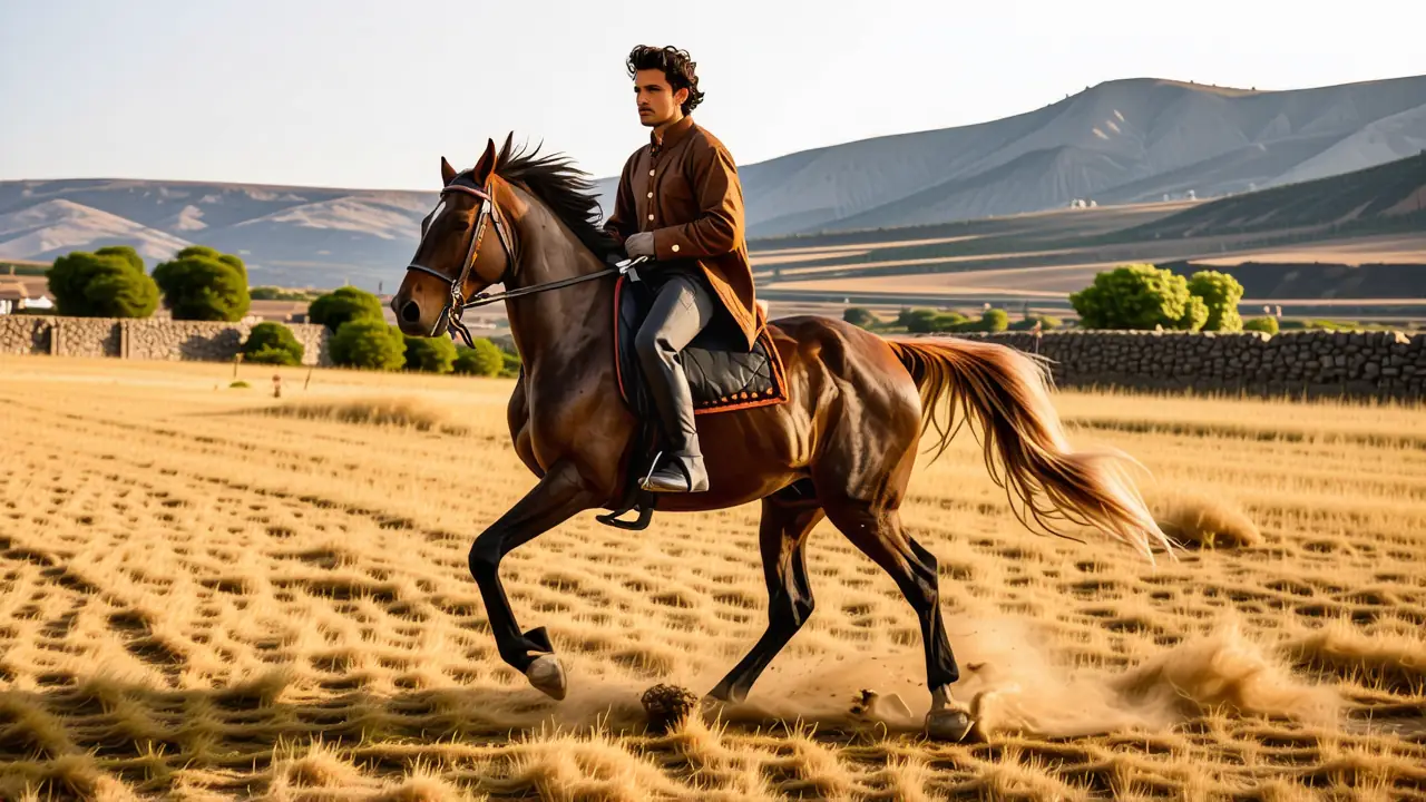 Maestría del Galope: El Caballo a Galope 1 Un hombre poderoso cabalga libremente al sol