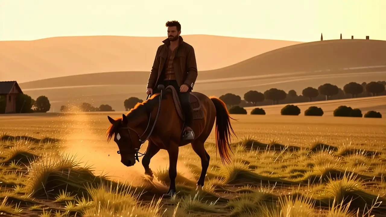 Un joven jinete galopa en la tarde