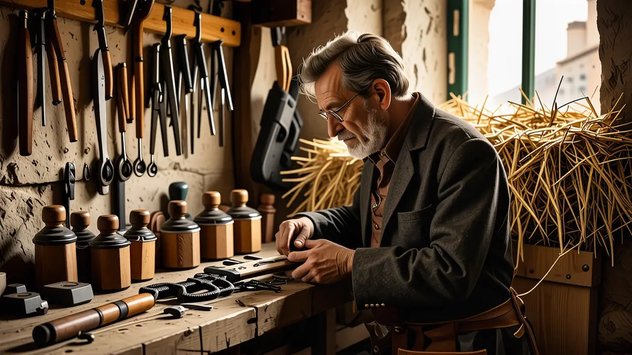 Un hombre español examina el yugo en taller rústico