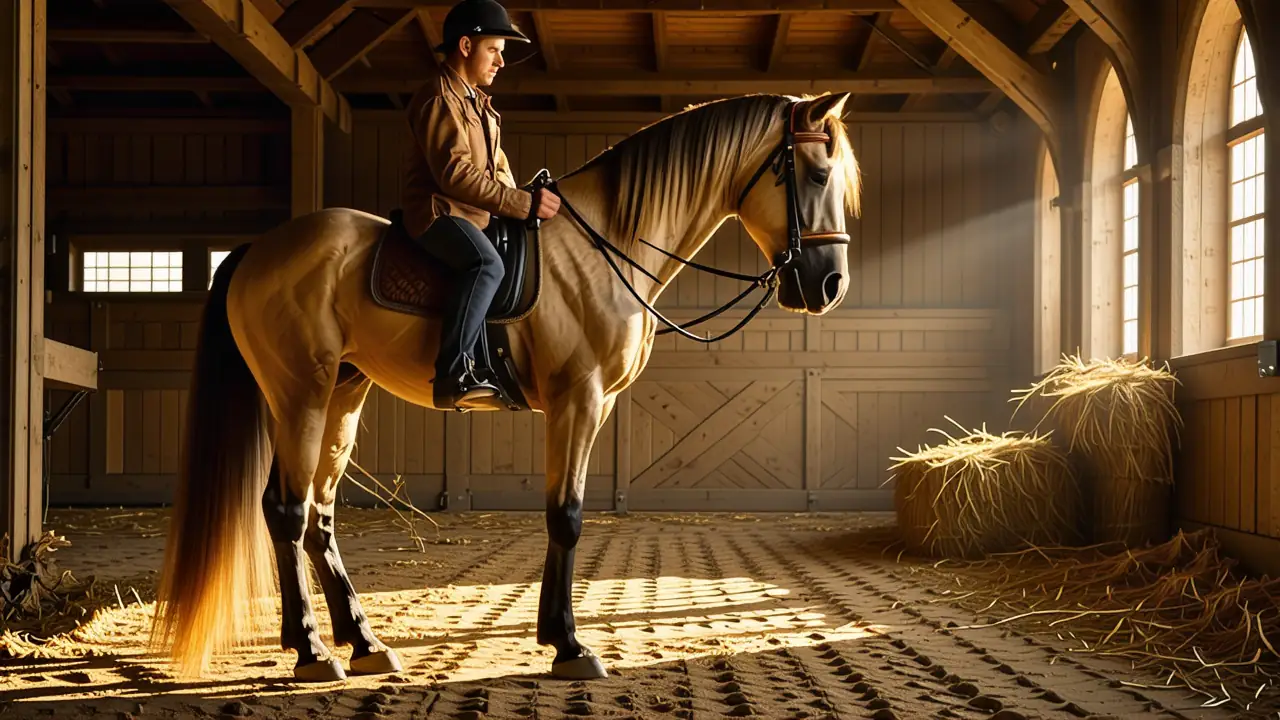 Jinete elegante domina caballo en luz cálida