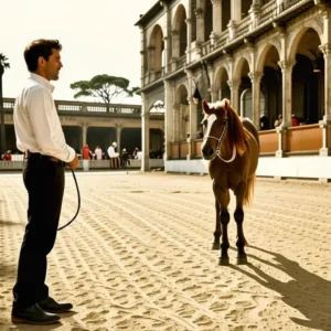Un hombre pensativo monta a caballo en festival