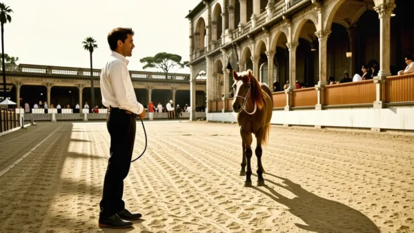 Un hombre pensativo monta a caballo en festival