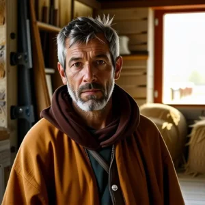 Un hombre serio monta su caballo en la tarde