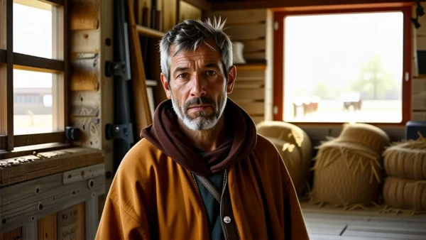 Un hombre serio monta su caballo en la tarde