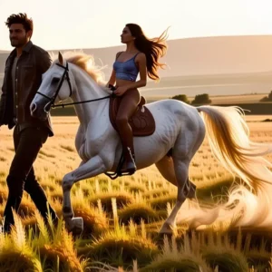 Un hombre elegante galopa en campo dorado