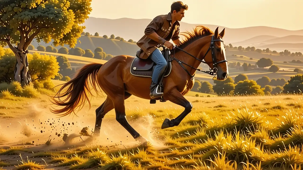 Un jinete español galopa en la luz dorada