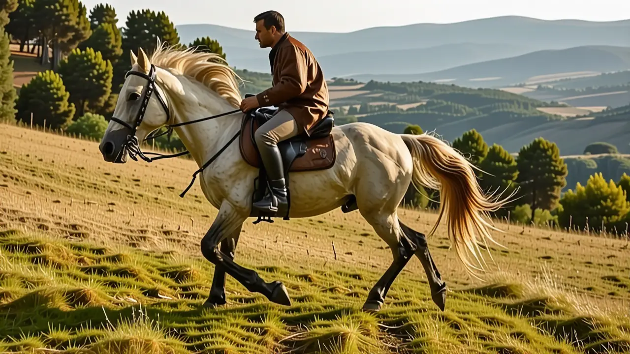 Un jinete español galopa en la tarde