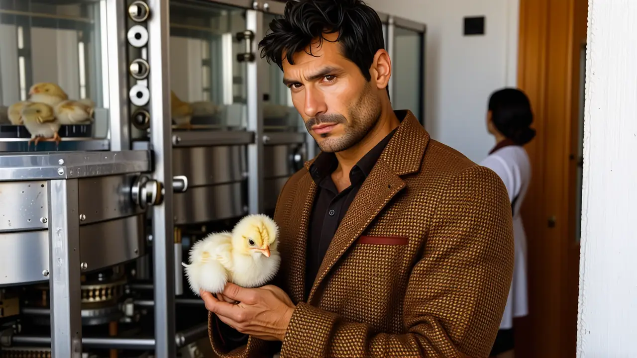 Un hombre español observa una gallina