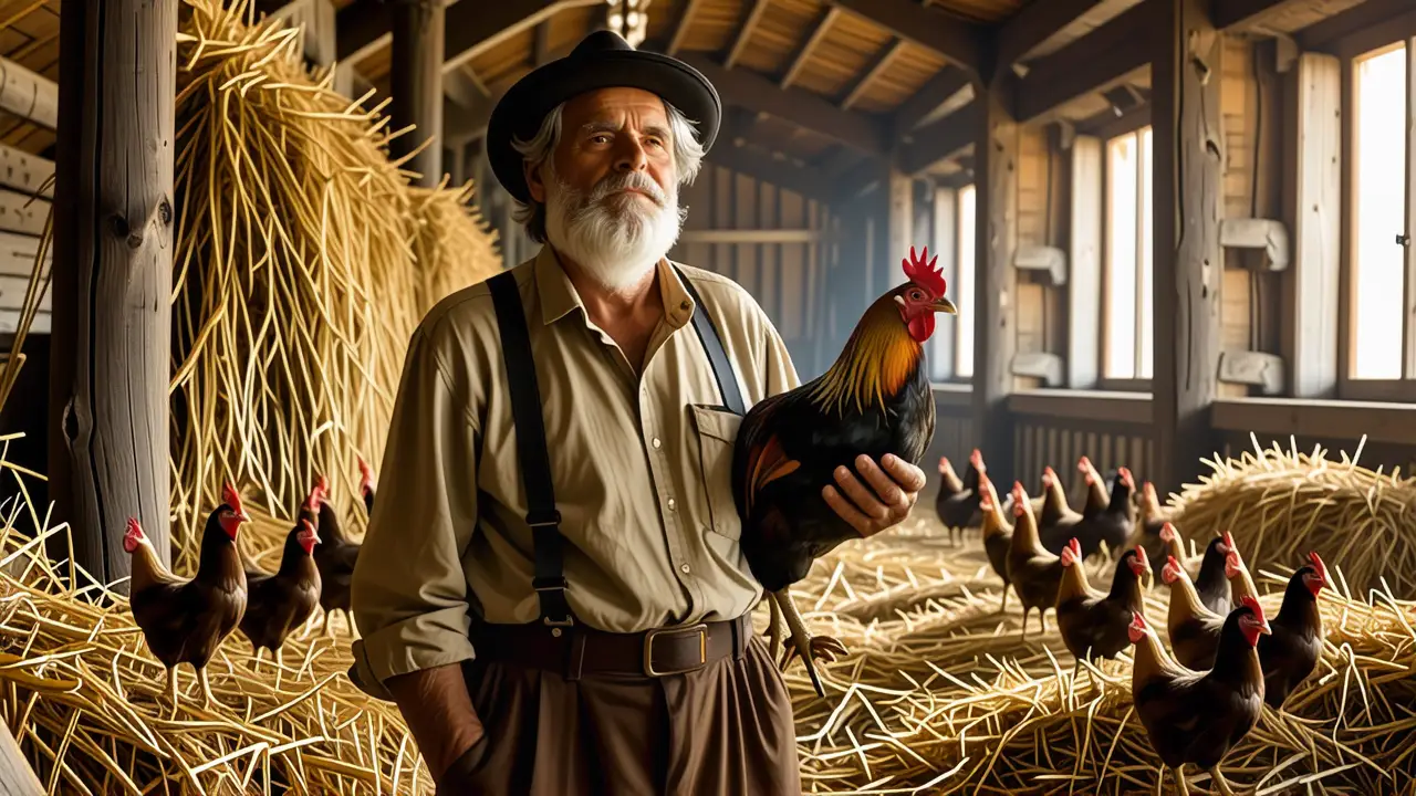 Un granjero español envejecido observa gallinas