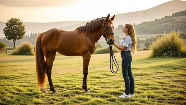 Lucie Crehalet admira su caballo en España