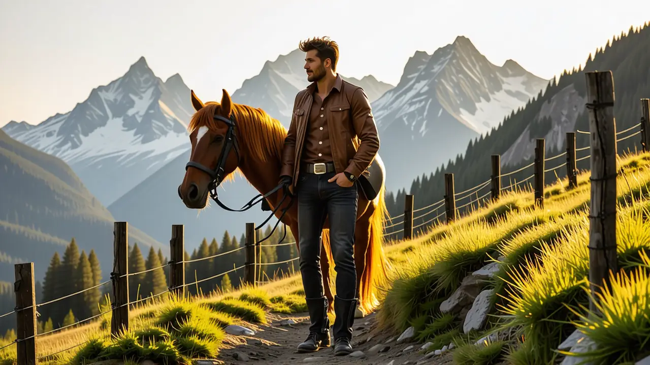 Un hombre robusto guía su caballo en montaña