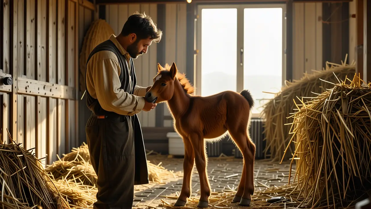 Un hombre pensativo ayuda a un potro
