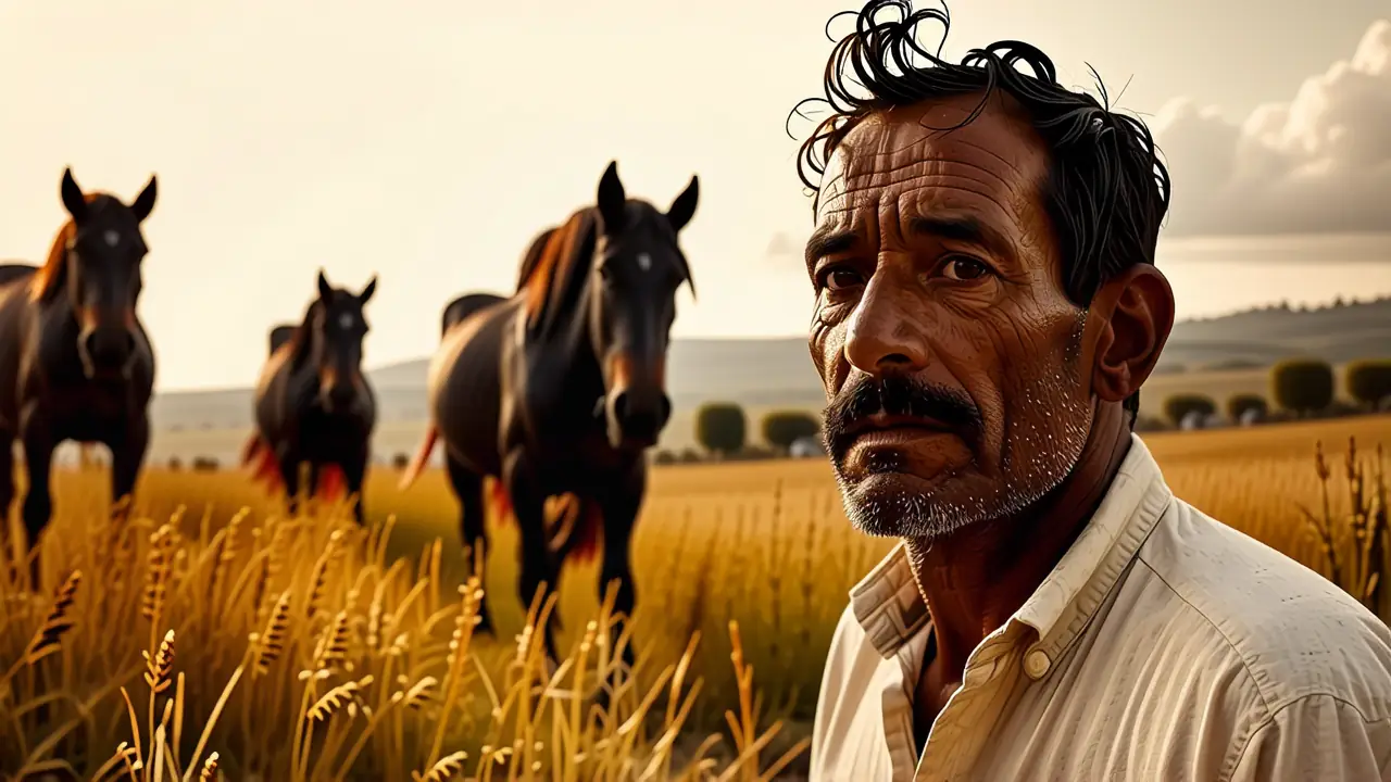 Un hombre pensativo observa caballos pastando